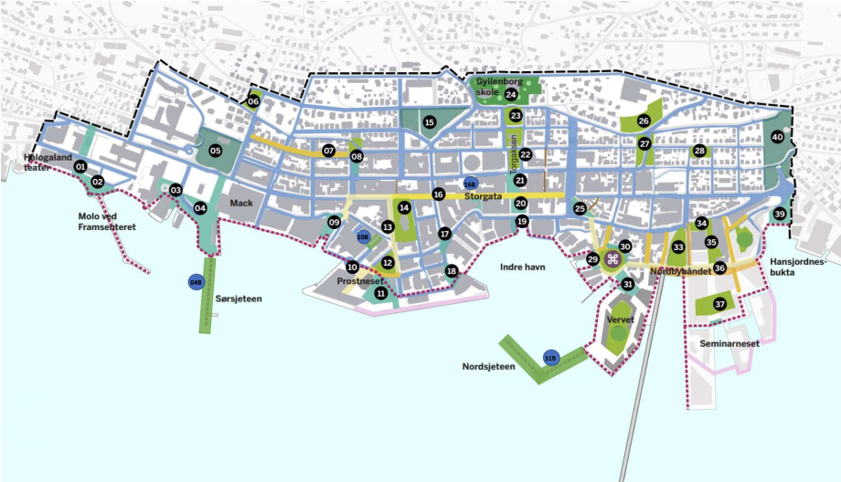 Oversiktskart av Tromsø sentrum som viser plasseringen til de mer enn 40 byrommene omtalt i Handlingsplan for byrom i Tromsø