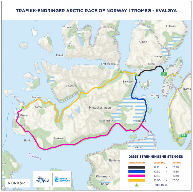Kart som viser hvilke veier på Kvaløya som stenges og når de stenges.