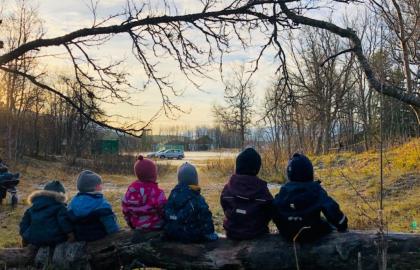 Seks barn som sitter på et fallent tre i skogen en høstdag i Ekrehagen friluftsbarnehage