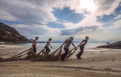 Fire personer som rydder gammelt garn fra strandsonen på Yttersida en solrik sommerdag