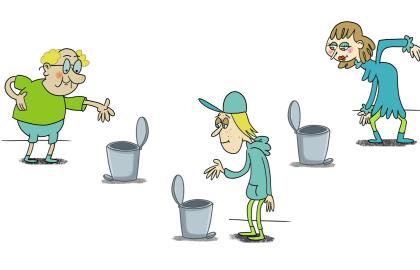 Illustrasjon av tre personer som kaster søppel i søppelbøtte