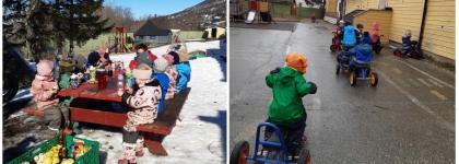 Barn som leker med trehjulssykler i Tindfoten FUS barnehage